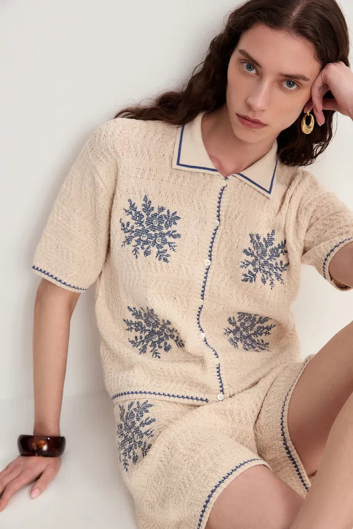 Gracia Embroidered Blue Flora Collared Top and Shorts Matching Set in Linen Blend Knit