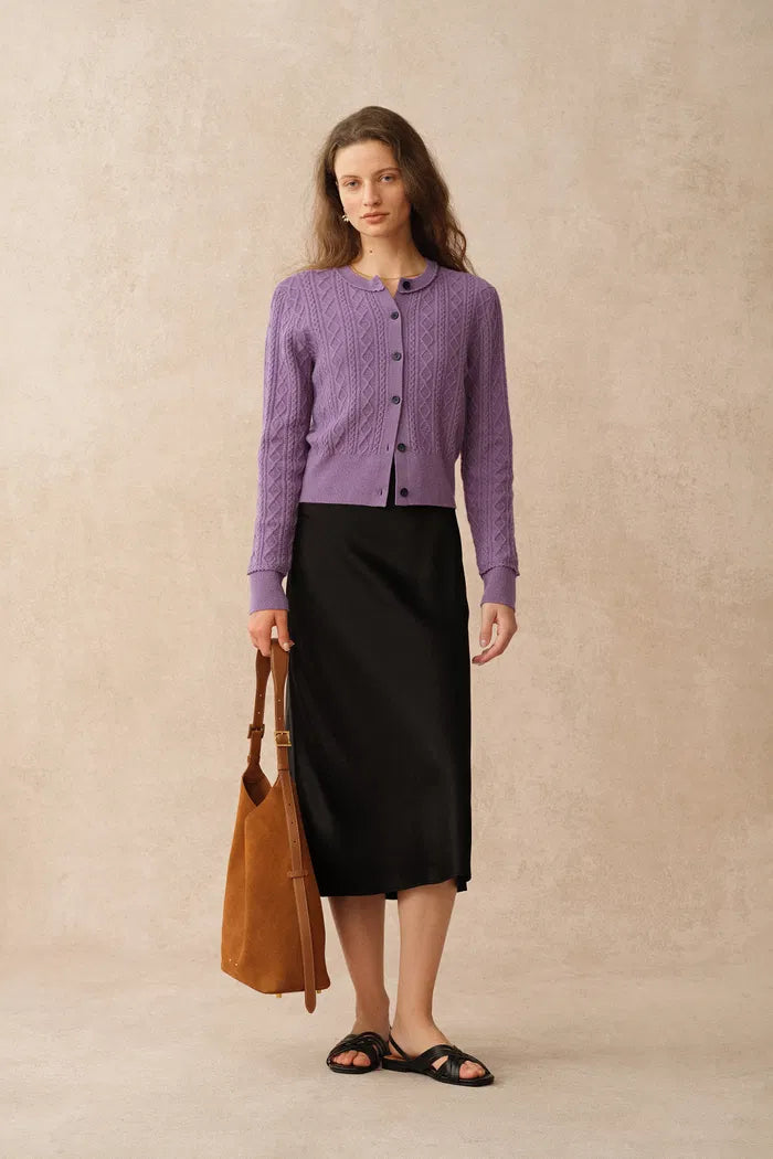 Jinji Purple Lace Trim Light Short Cardigan in Wool Cable Knit