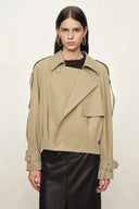 Elva Large Lapel Pleated Hem Short Trench Coat in Lightweight Blend - Deeper Green
