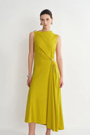 Kiki Mustard Green Asymmetric Knot Sleeveless Dress in Acetate Knit