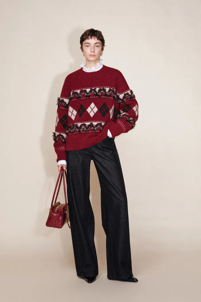 Crimson 3D Argyle Sweater in Merino Wool Loop Bouclé Yarn