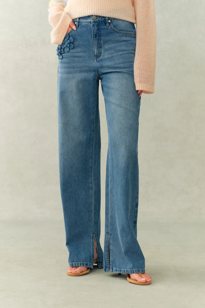 Margaux 3D Floral Slit Jeans in Cotton Denim