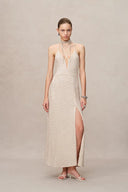 Anita Handcrafted Embellishment Slit Slip Dress in Crystal Sequin Lace