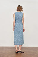 June Faded Polka-Dot Drawstring Waist Sleeveless Dress in Lightweight Cotton Denim
