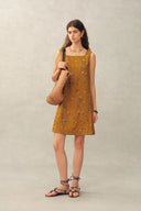 Mary Floral Square Neck Sleeveless Short Strap Dress in Linen Blend