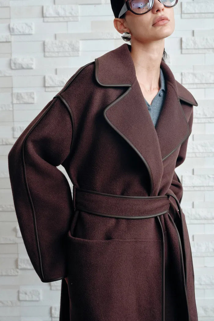 Vesta Hem Tie Lapel Wool Coat in Double-Face Merino Wool