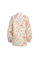 Adelaide Handpainted Floral Blouse in Silk Linen Organza