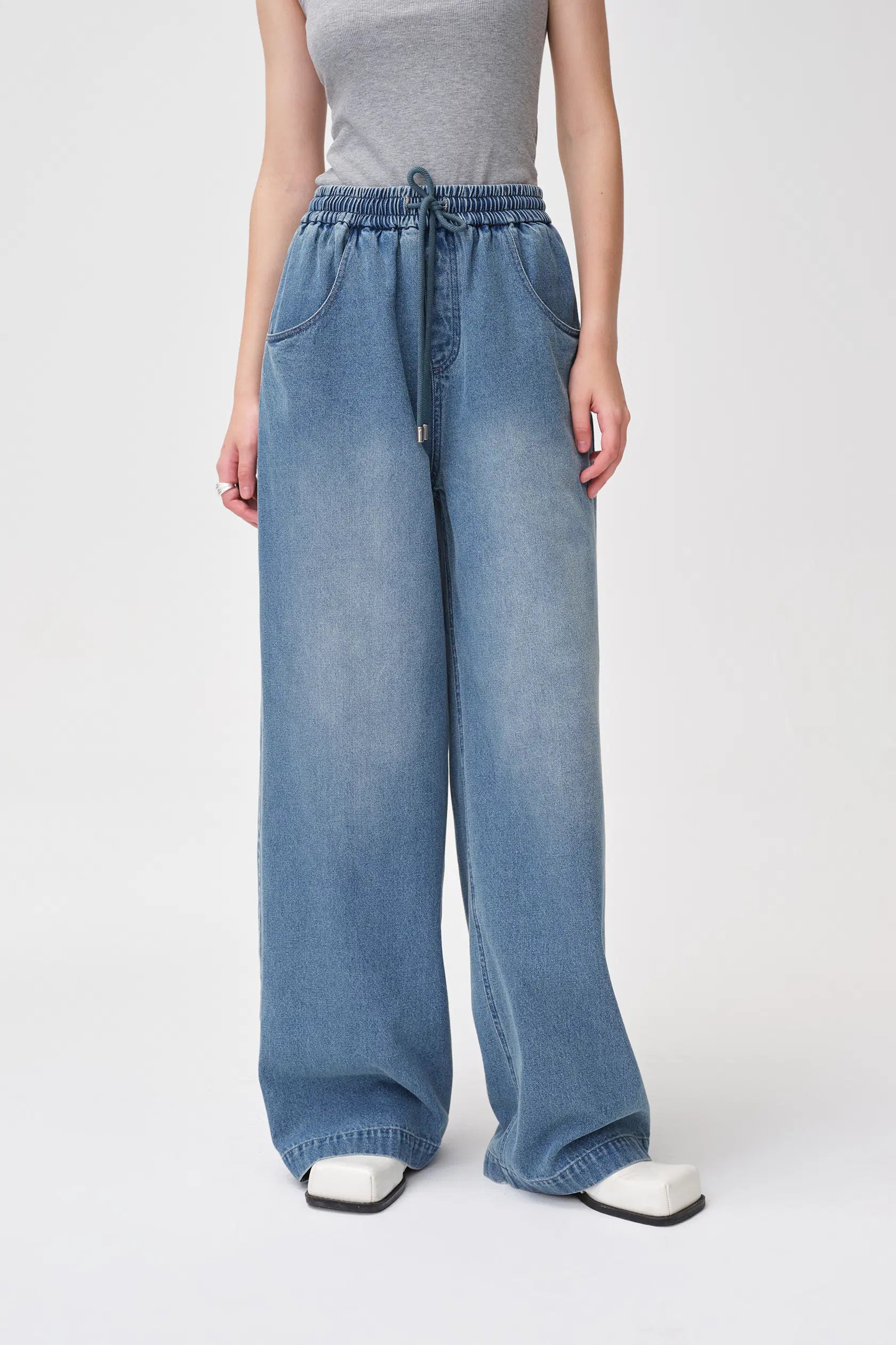 Bulb Pull On Faded Jeans Cotton Denim