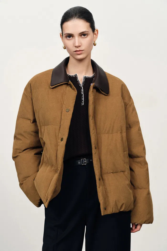 Nora Detachable Faux Leather Collar Down Jacket in Cotton Corduroy