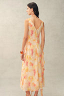 Linda Handpainted Floral Ruffle Sleeveless Dress in Lightweight Chiffon