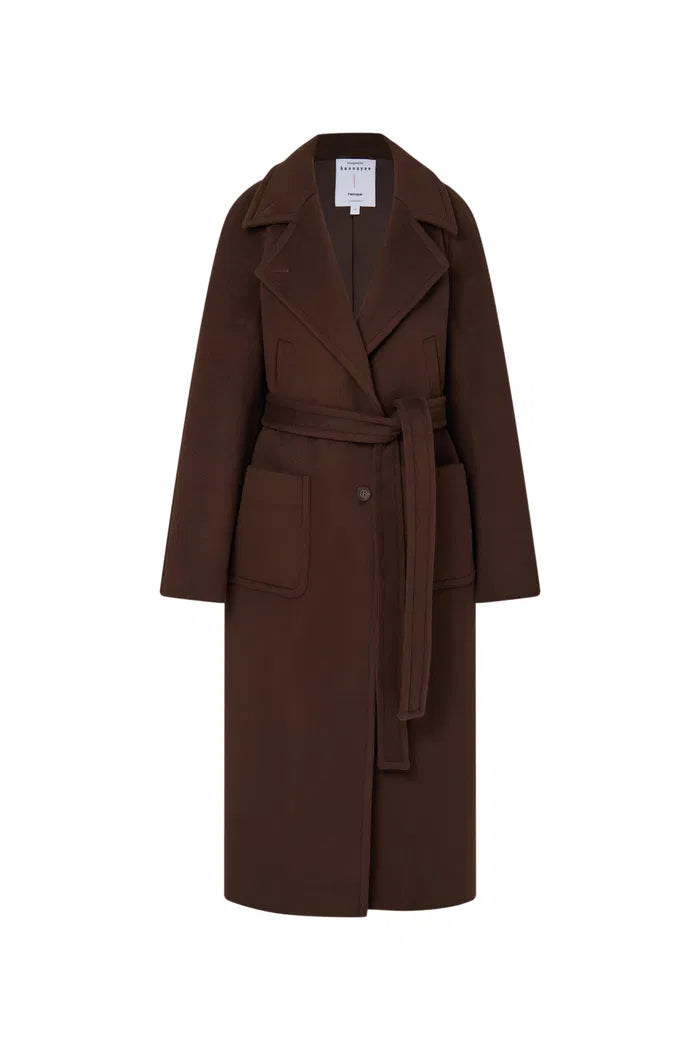 long brown dress coat Reiss Wool-Blend Wrapover Mid-Length Coat in Chocolate Brown