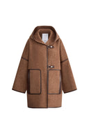 Cappotto corto Selva con cappuccio e rifiniture in pelle in twill di merino e alpaca