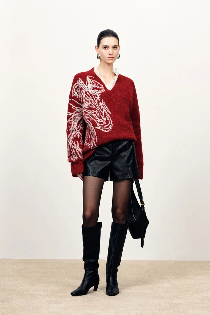 Parker V Neck Horse Sweater in Merino Alpaca Blend Knit