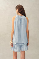 Hazel Boho Embroidery Jacquard Halterneck Sleeveless Top in Cotton
