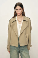 Elva Large Lapel Pleated Hem Short Trench Coat in Lightweight Blend - Deeper Green