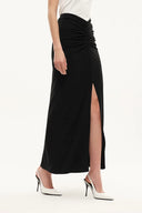 Siren Ruched Slit Midi Skirt in Four Way Stretch Fabric