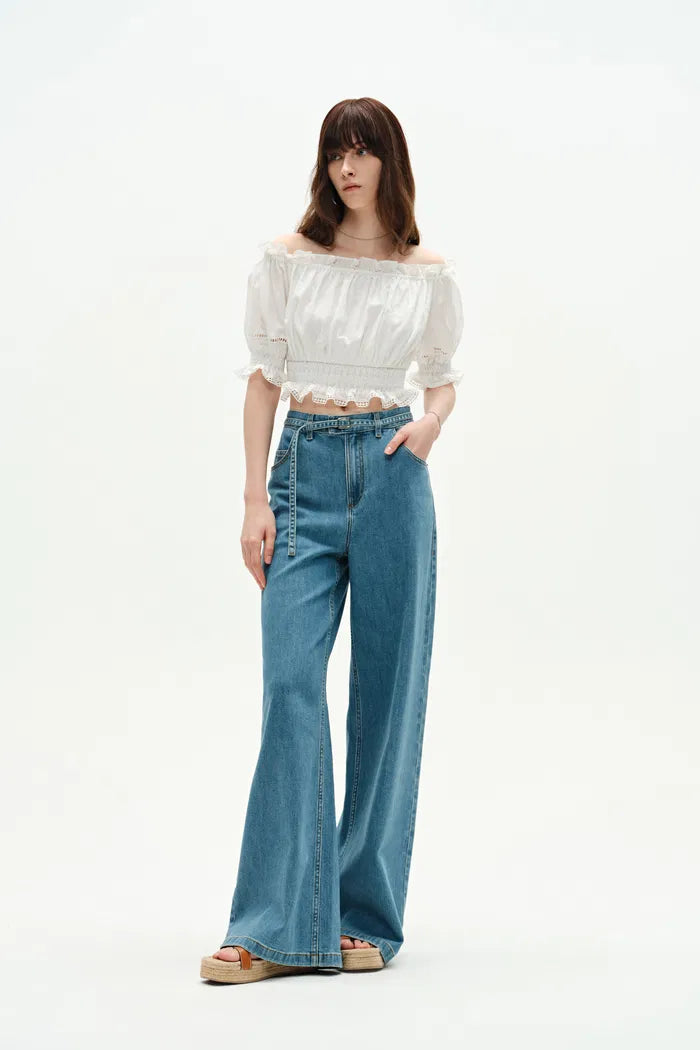 Oluka Off Shoulder Cropped Blouse in Silk-Cotton Blend
