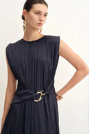 Celeste Sleeveless Navy Dress in Pleated Satin