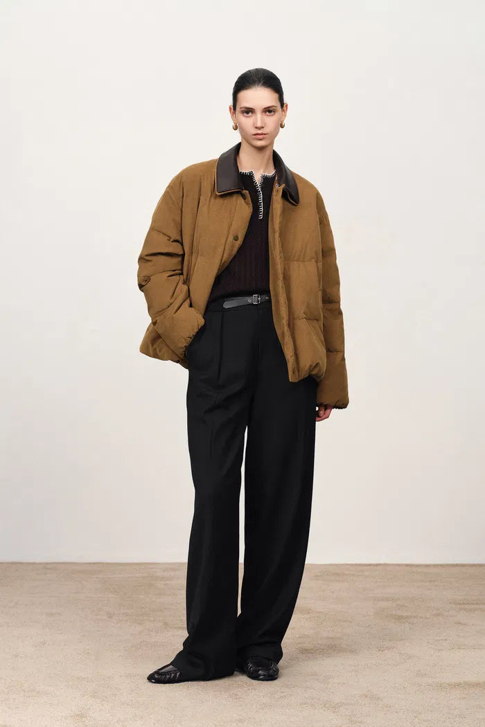 Nora Detachable Faux Leather Collar Down Jacket in Cotton Corduroy