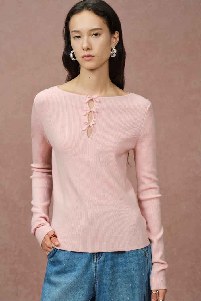 Bow Cutwork Fitted Sweater in Stretchy Merino Wool Knit