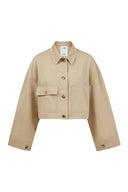 Earth tone cotton-blend cropped jacket with button front, flap and patch pockets, contrast stitching detail, front view.