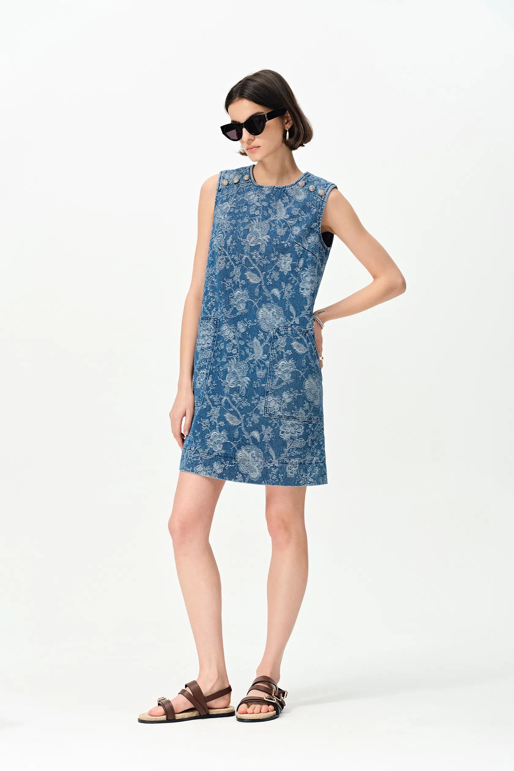 Iris Flora Laserwork Round Neck Short Dress in Cotton Denim XS
