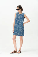 Iris Flora Laserwork Round Neck Short Dress in Cotton Denim
