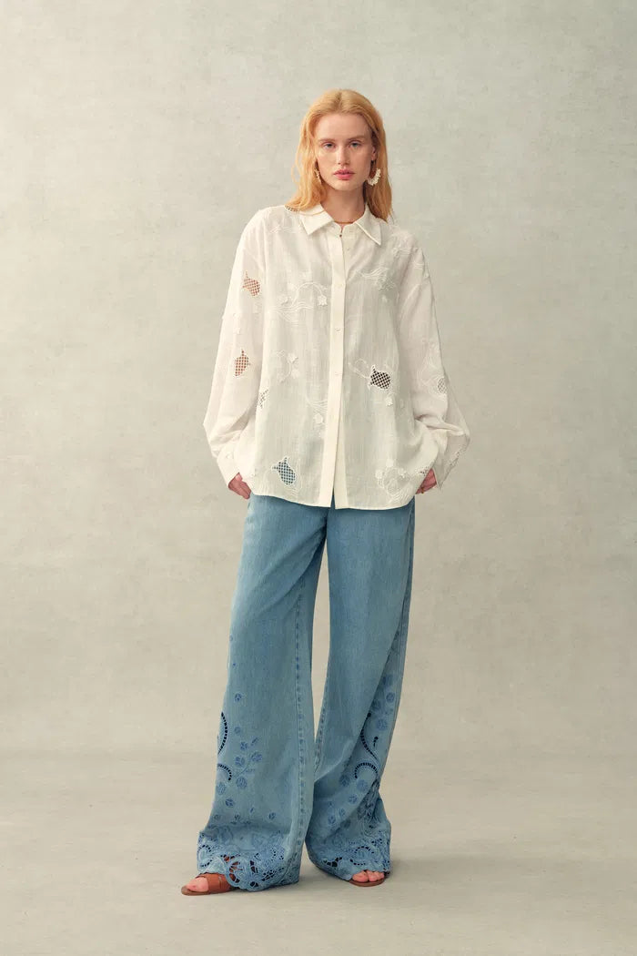 Leona Lily of the Valley Mesh Embroidery Shirt in Linen