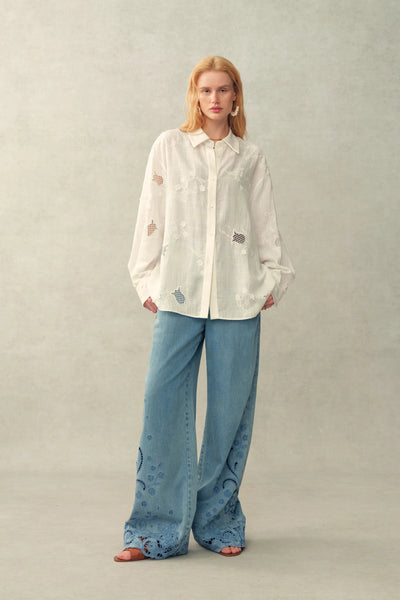 Leona Lily of the Valley Mesh Embroidery Shirt in Linen – fbrq.com