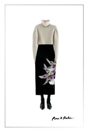 Miltonia Hand Painted Straight Skirt in Silk-Wool Satin
