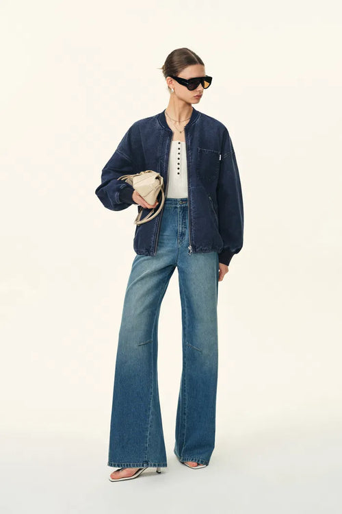 Quinn Denim Bomber Jacket in Lightweight Plain-Weave Denim