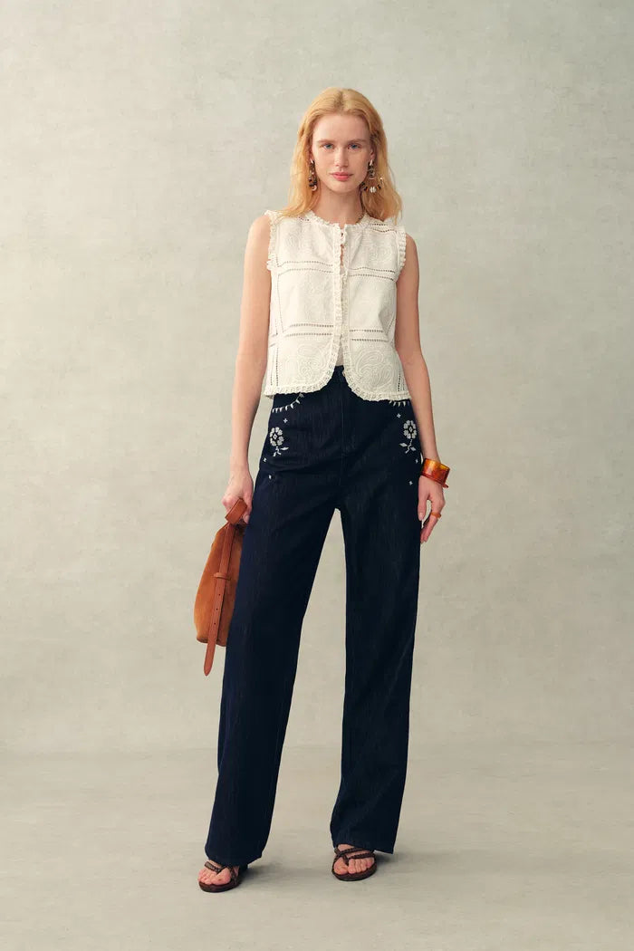 Canoe Paisley Floral Cutwork Tie Front Sleeveless Blouse Top in Cotton