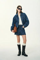 Giacca e shorts Colette a righe con tasche a toppa lavate blu in denim a spina di pesce
