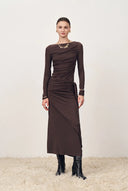 Viet Runched Pleated Long Sleeve Maxi Dress in Tencel Merino Knit