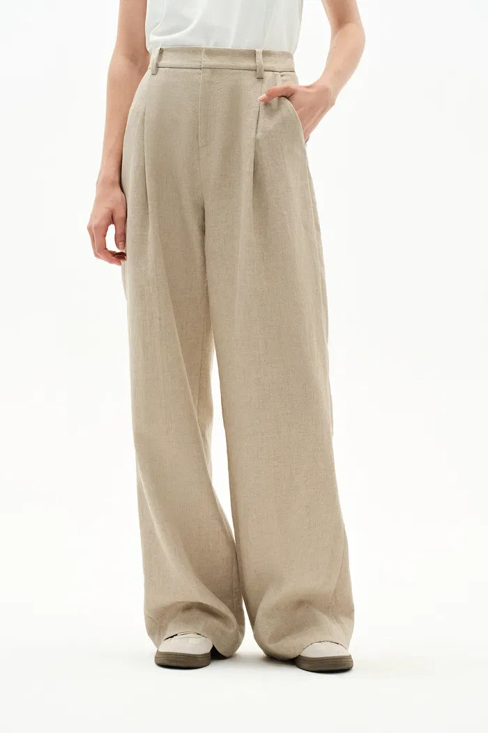 Troy Front Pleated Wide Leg Suit Pants in Dew Retted French Linen