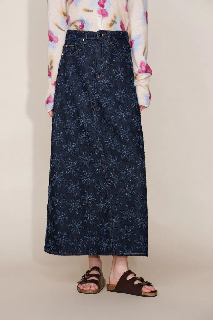 Ari Flora Maxi Skirt in Cotton Jacquard Denim
