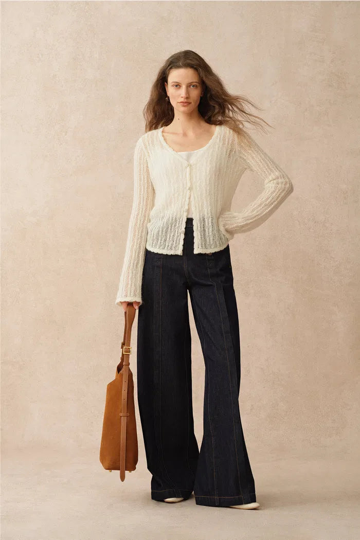 Serenity V Neck Sheer Cardigan in Lightweight Cable Knit