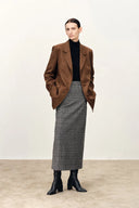 Lola Leather Accent Straight Midi Skirt in Merino-Silk Welsh Check