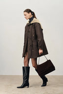 Parka Doris con Forro Acolchado y Cuello de Piel Desmontables en Sarga de Mezcla de Algodón