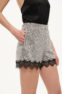 Crystalline Silver Sequin Lace Trim Shorts in Sequin Mesh