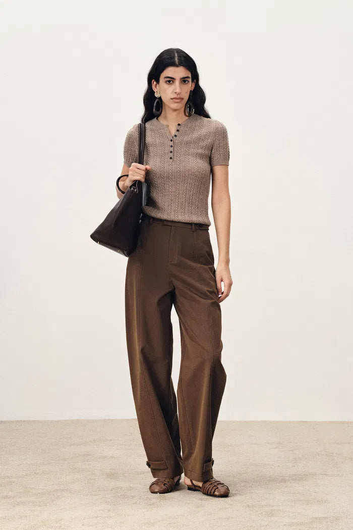 Lydia Buckle Curved Trousers in Cotton Twill