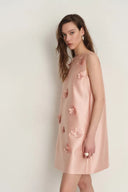 Luminere Beaded Floral Applique Sleeveless Short Dress in Silk-Wool Satin