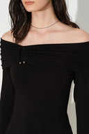 Mia Metallic Button Off Shoulder Knit Top in Stretch Knit