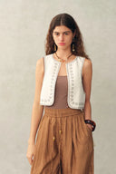 Charlie Boho Mother of Pearl Studded Side Tassel Tie Vest Top in Cotton Denim