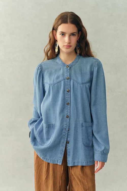 Simone Smocked Tencel Denim Shirt in Tencel Denim