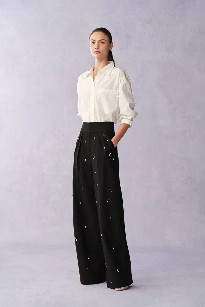 Lyra Hand Sewn Rhinestone Pleated Trousers in Fine Wool Suiting