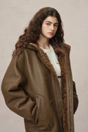 Clémence Shearling Hooded Coat in Vegan Leather and Wool Blend Clémence Shearling Hooded Coat in Vegan Leather and Wool Blend