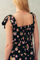 Vestido Anais con Tirantes de Lazo y Peonía Pintada a Mano en Crepé de China de Seda Elástica