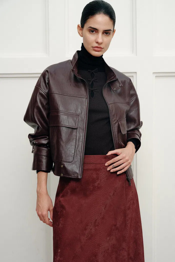 Gia Trench Style Collar Short Jacket in Faux Leather