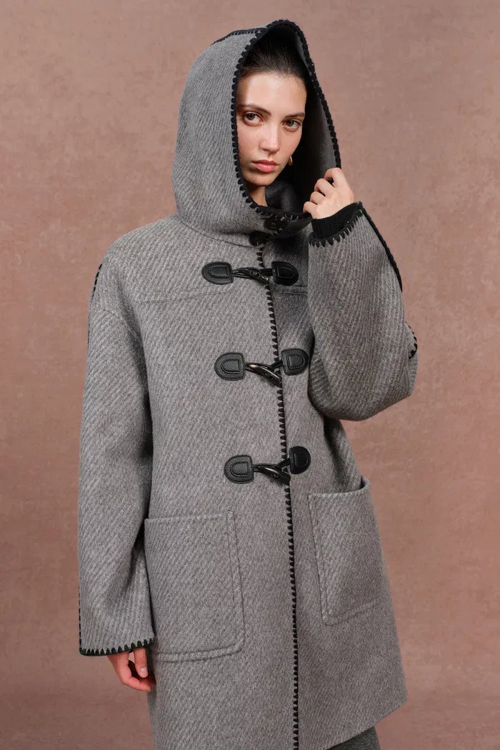 Vivien Horn Button Hooded Coat in Herringbone Wool Camel Down